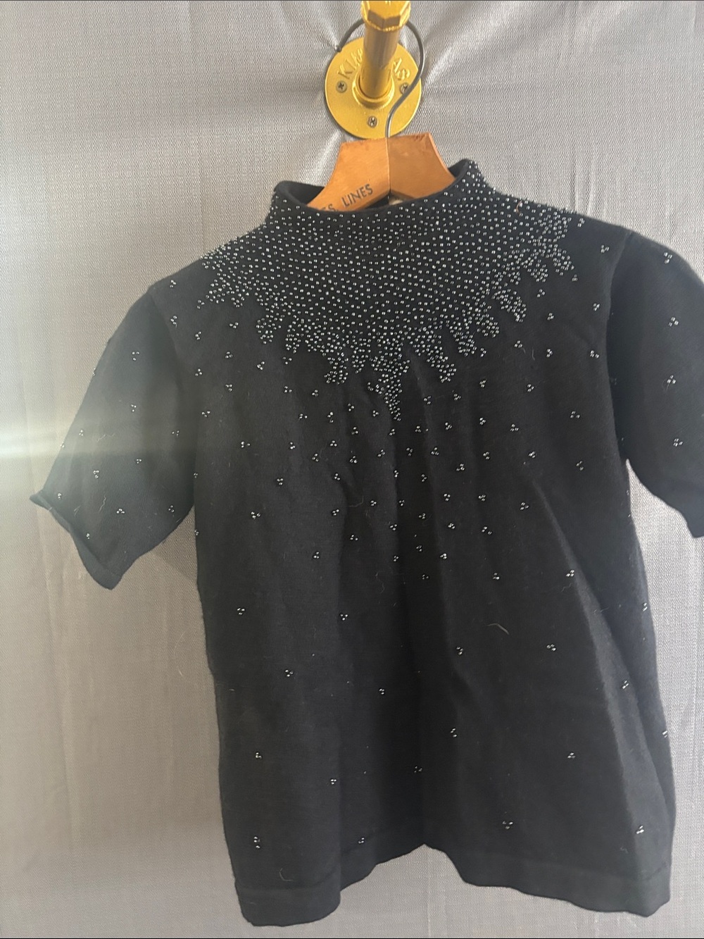 Black Short-Sleeve Beaded Tee with High Neck